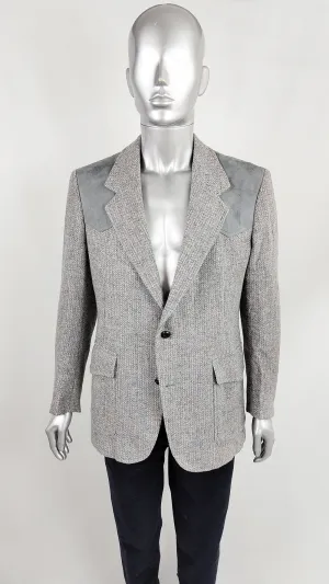 Pendleton Vintage Mens Grey Herringbone Tweed & Suede Blazer, 1970s