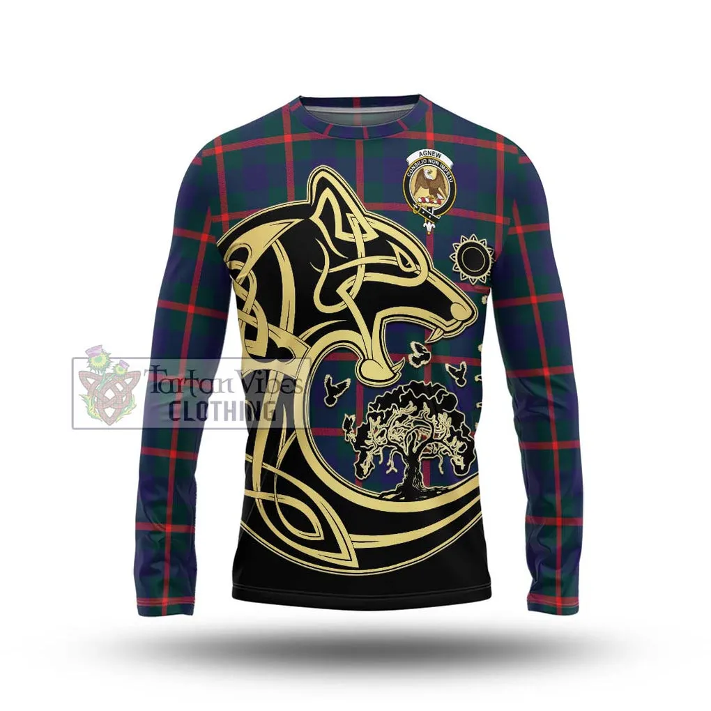 Agnew Tartan Long Sleeve T-Shirt with Family Crest Celtic Wolf Style