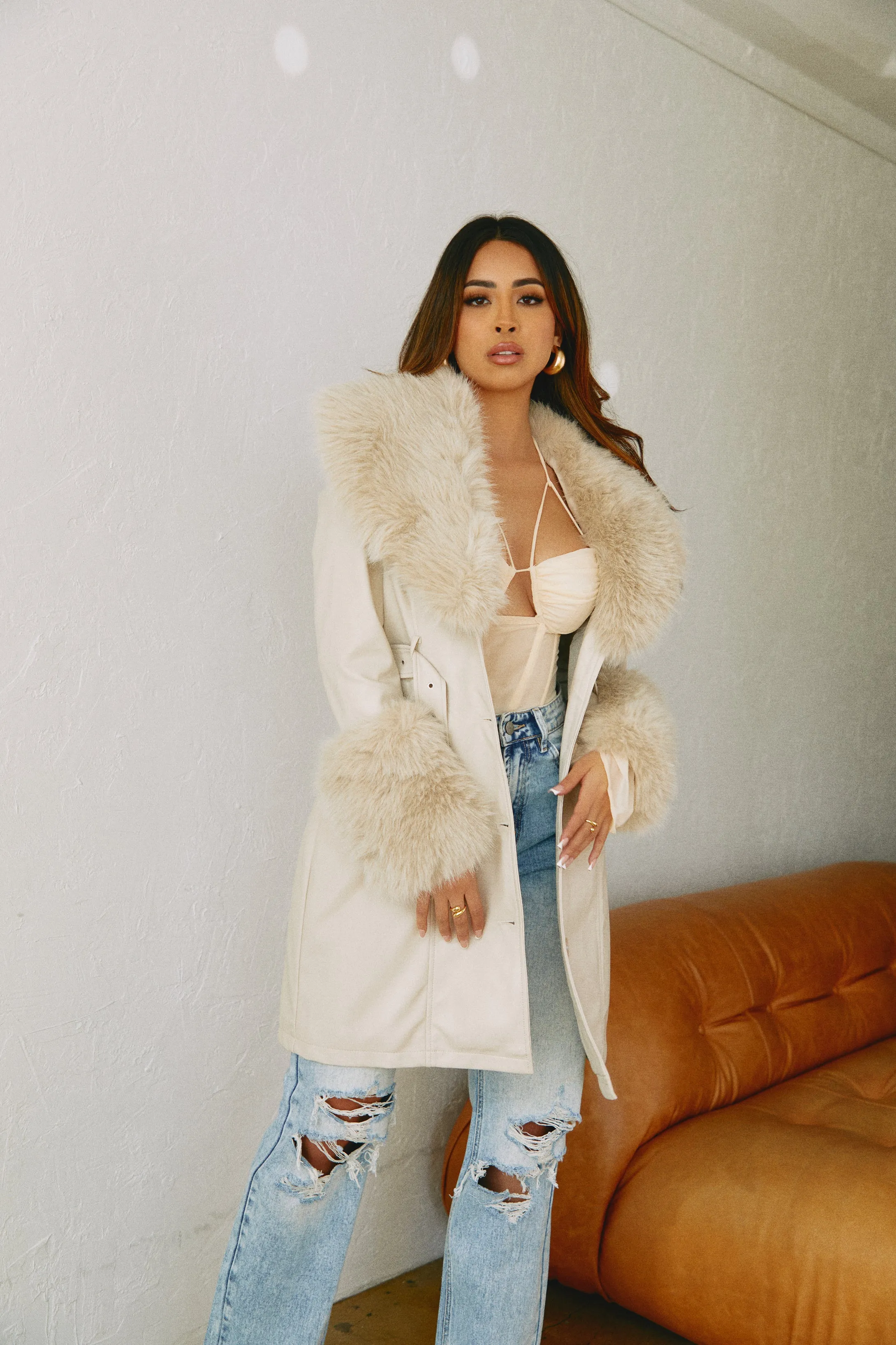 Ameria PU Faux Fur Coat - Cream