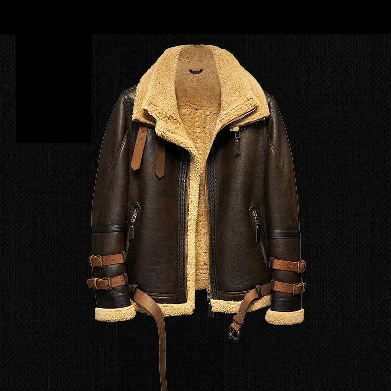 Australia Sherling Fur Short Leather Aviator Coat