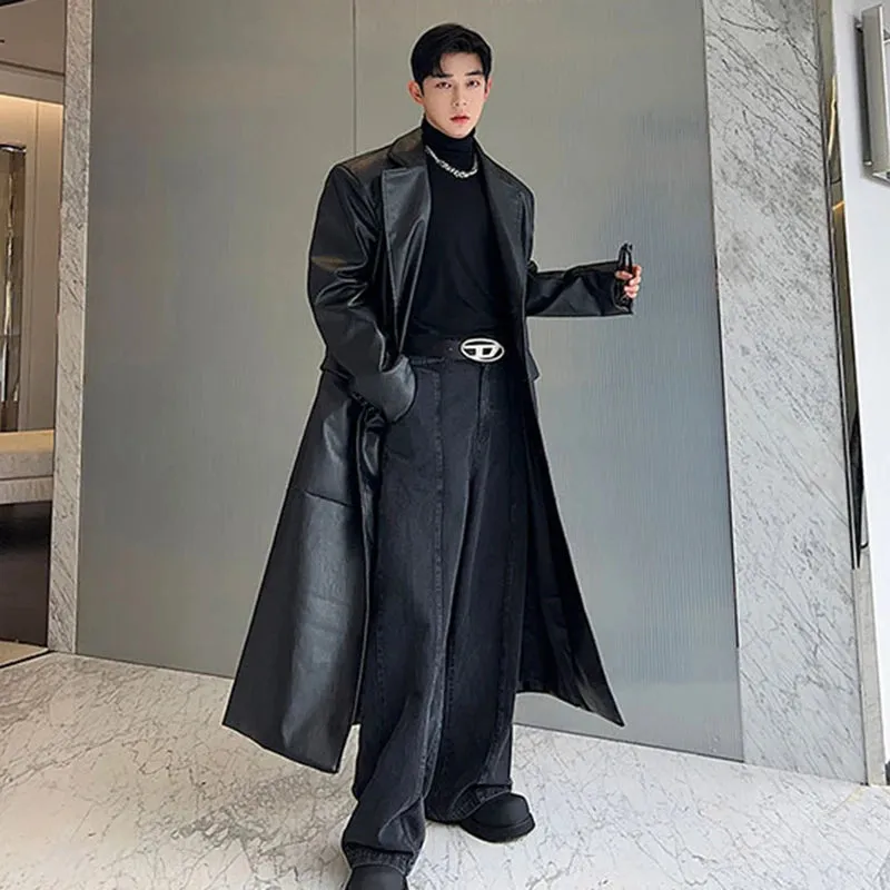 Autumn Winter Men's Leather Trench Coat Niche Design PU Wide Shoulder Long Overcoat Double Breasted Windbreaker 9C3216