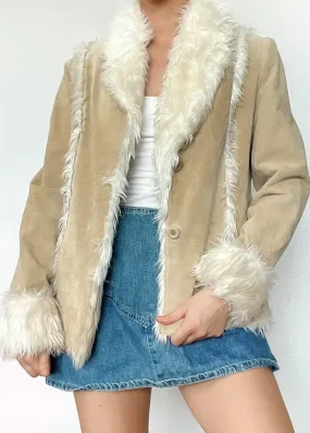 Beige & White Fur Trim Coat (S/M)