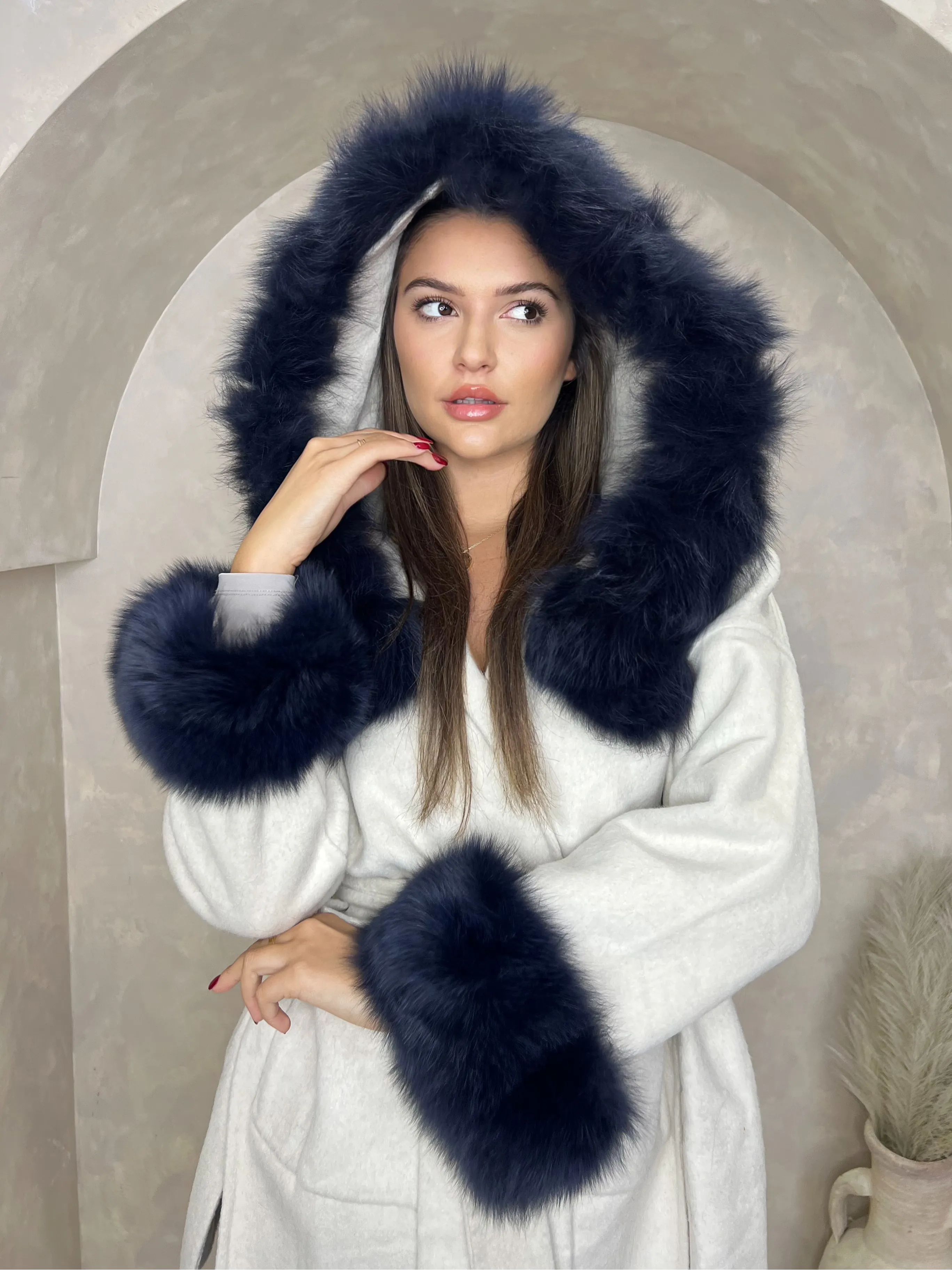 Beige/Navy Cashmere Coat With Fox Fur Trim