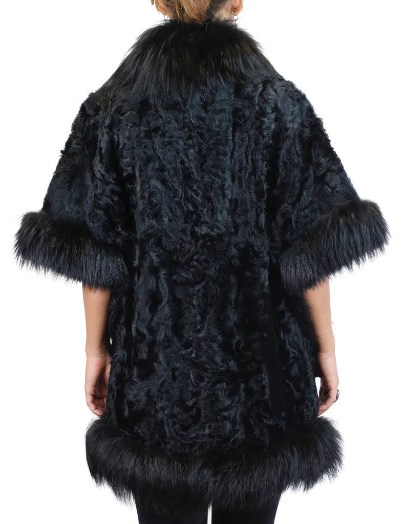 BLACK DYED KALGAN LAMB & FOX FUR TRIM SHORT-SLEEVED COAT