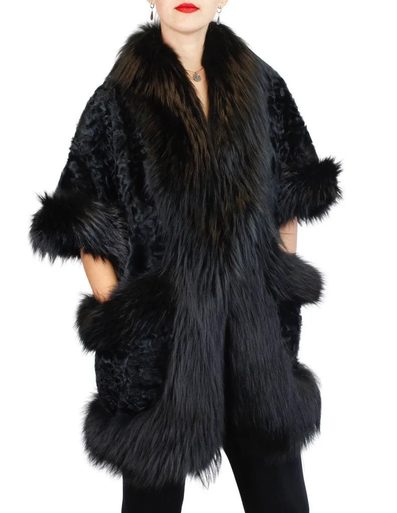 BLACK DYED KALGAN LAMB & FOX FUR TRIM SHORT-SLEEVED COAT