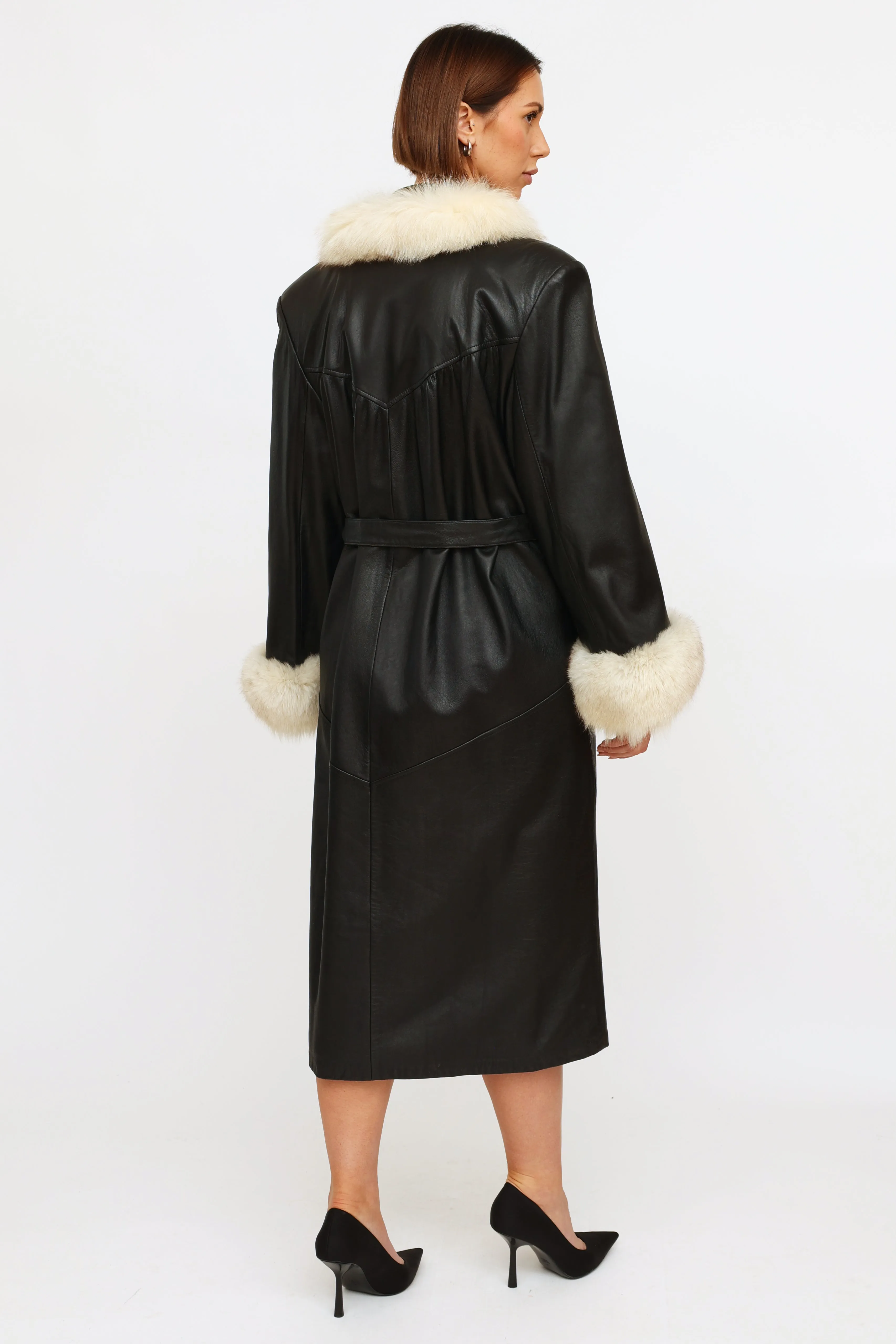 Black Leather Fur Trim Coat