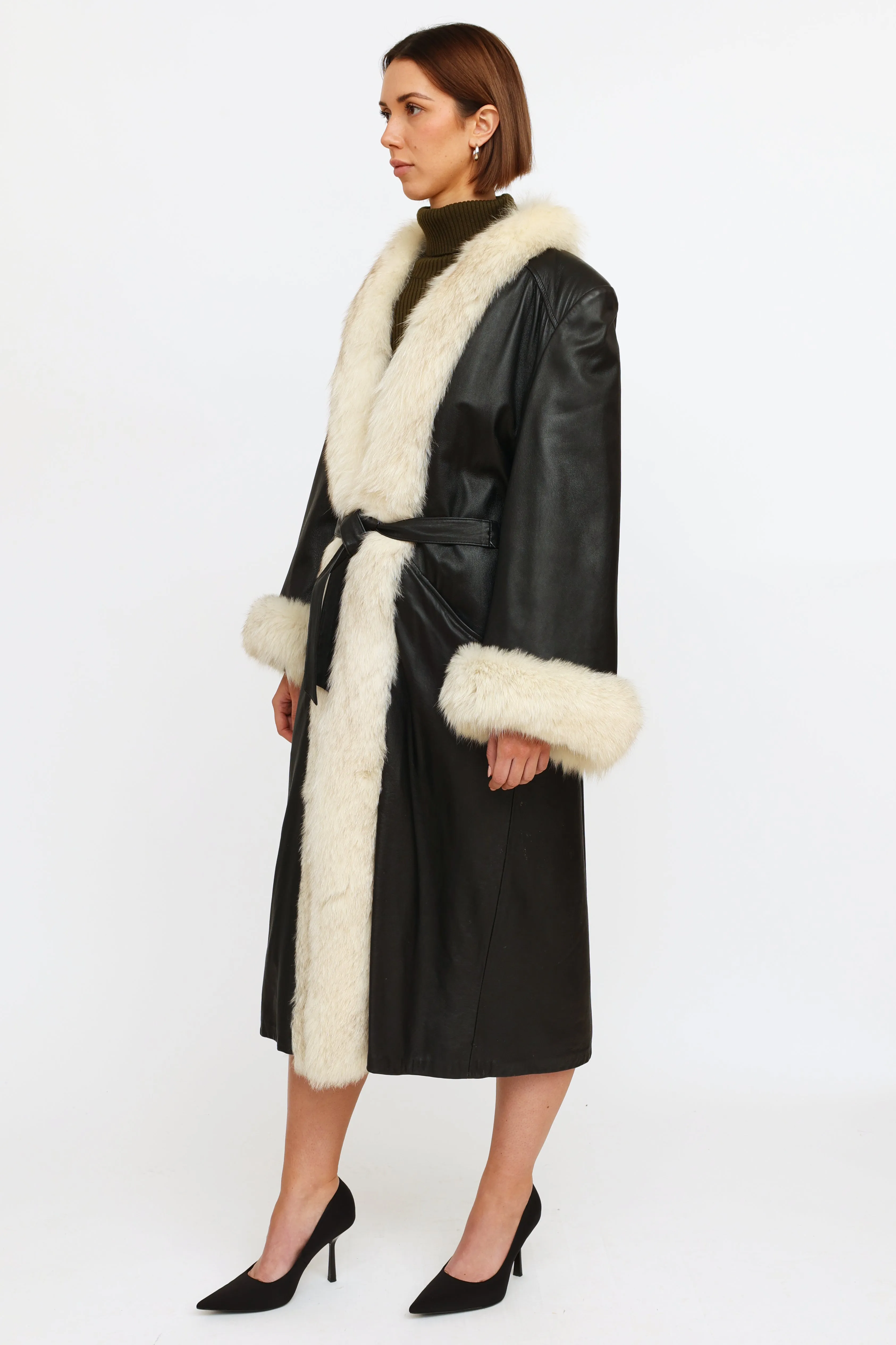 Black Leather Fur Trim Coat