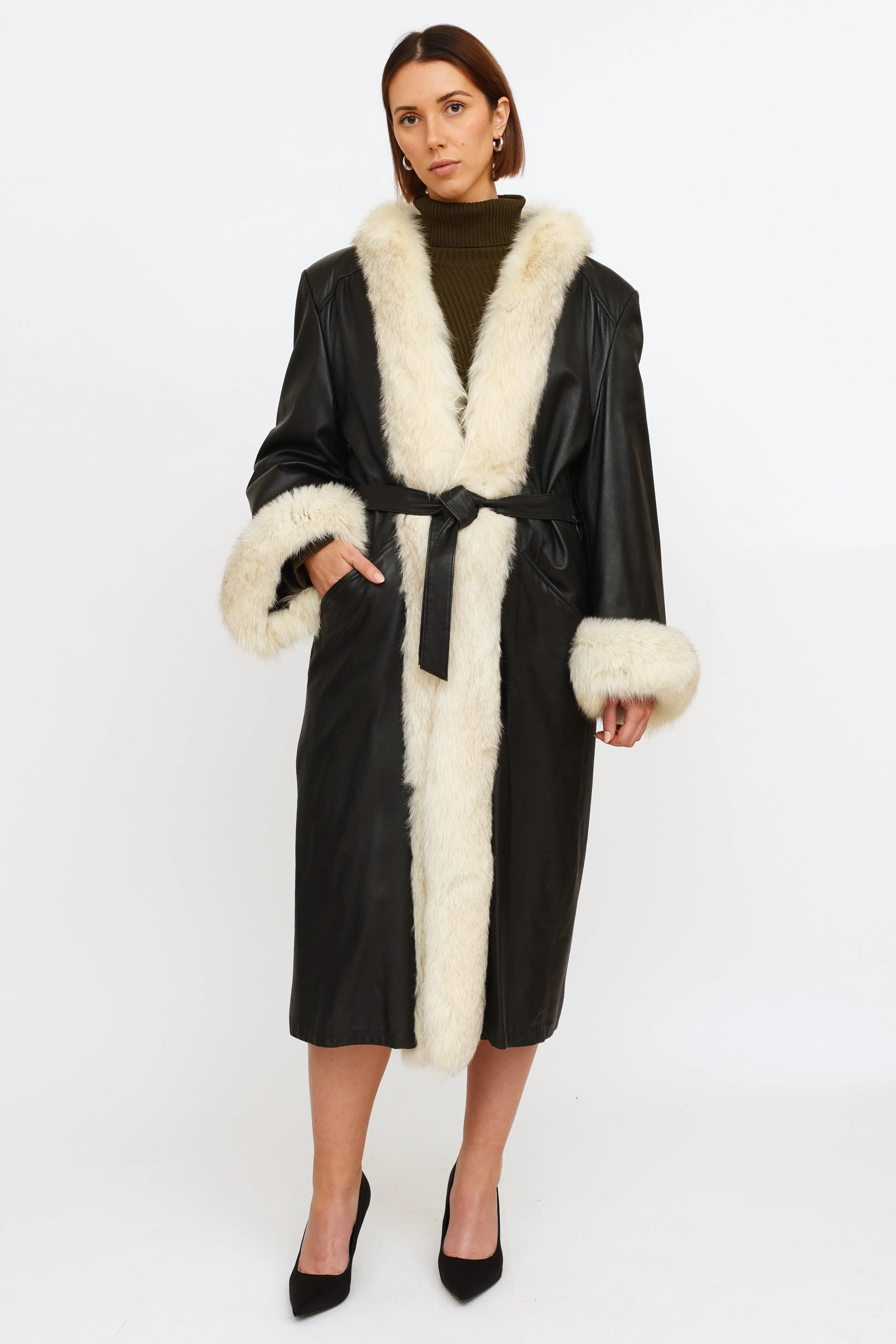 Black Leather Fur Trim Coat