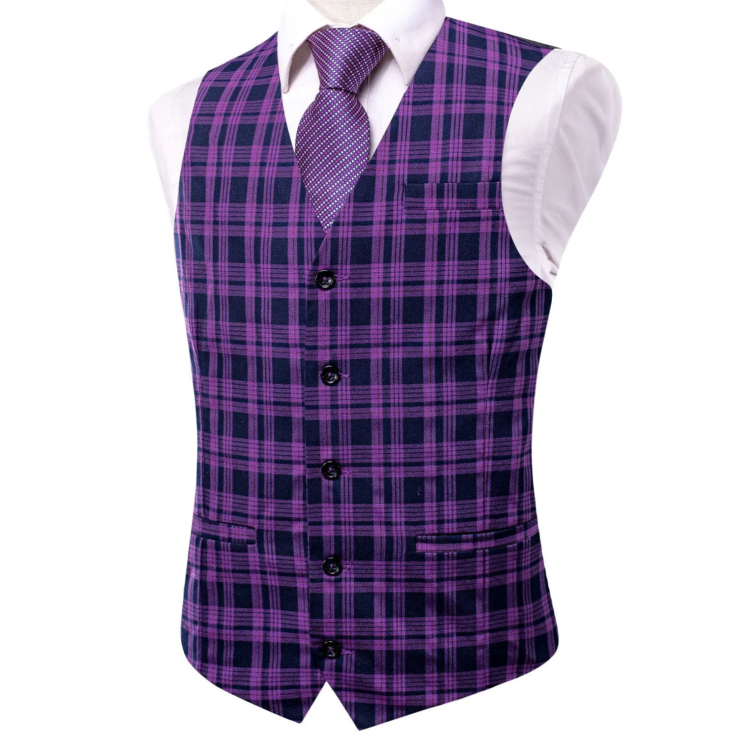 Black Purple Plaid Wool Splicing Jacquard Men's Vest