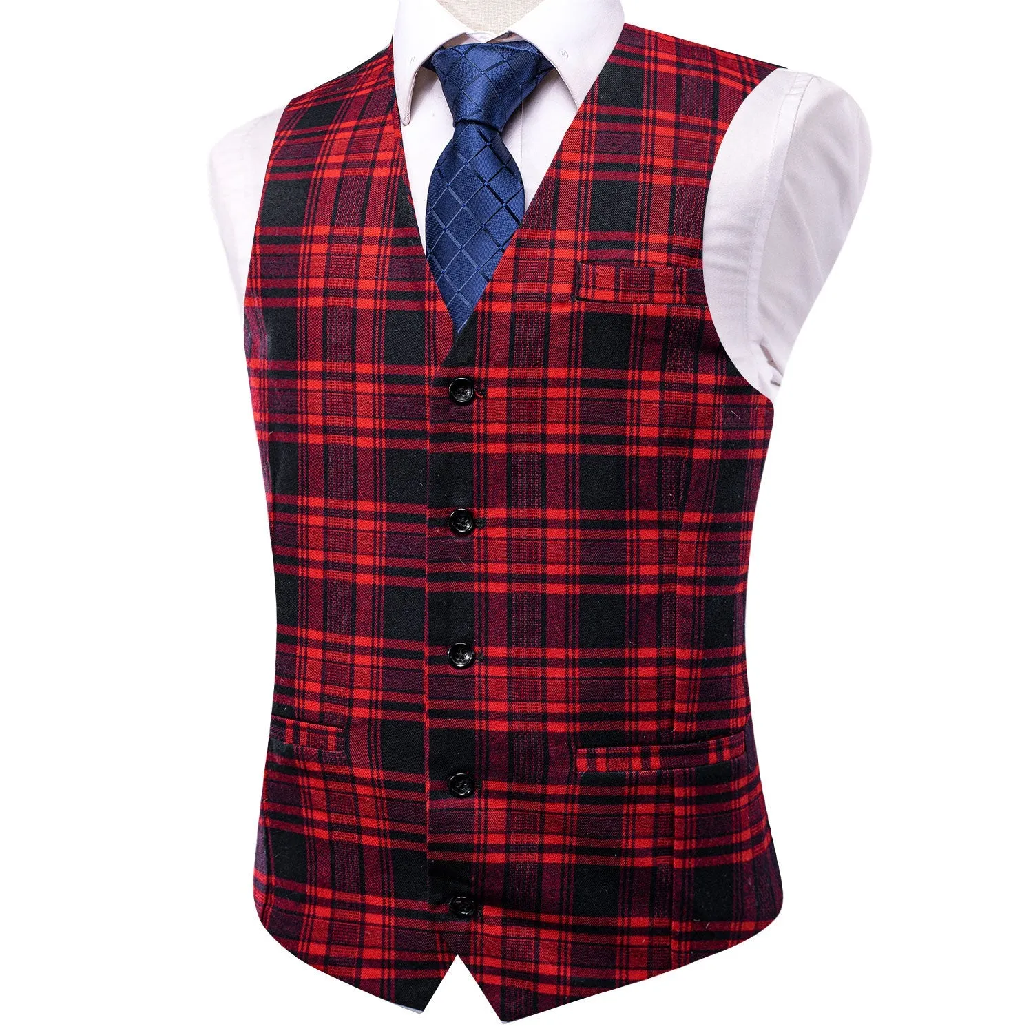 Black Red Plaid Wool Splicing Jacquard Men's Vest