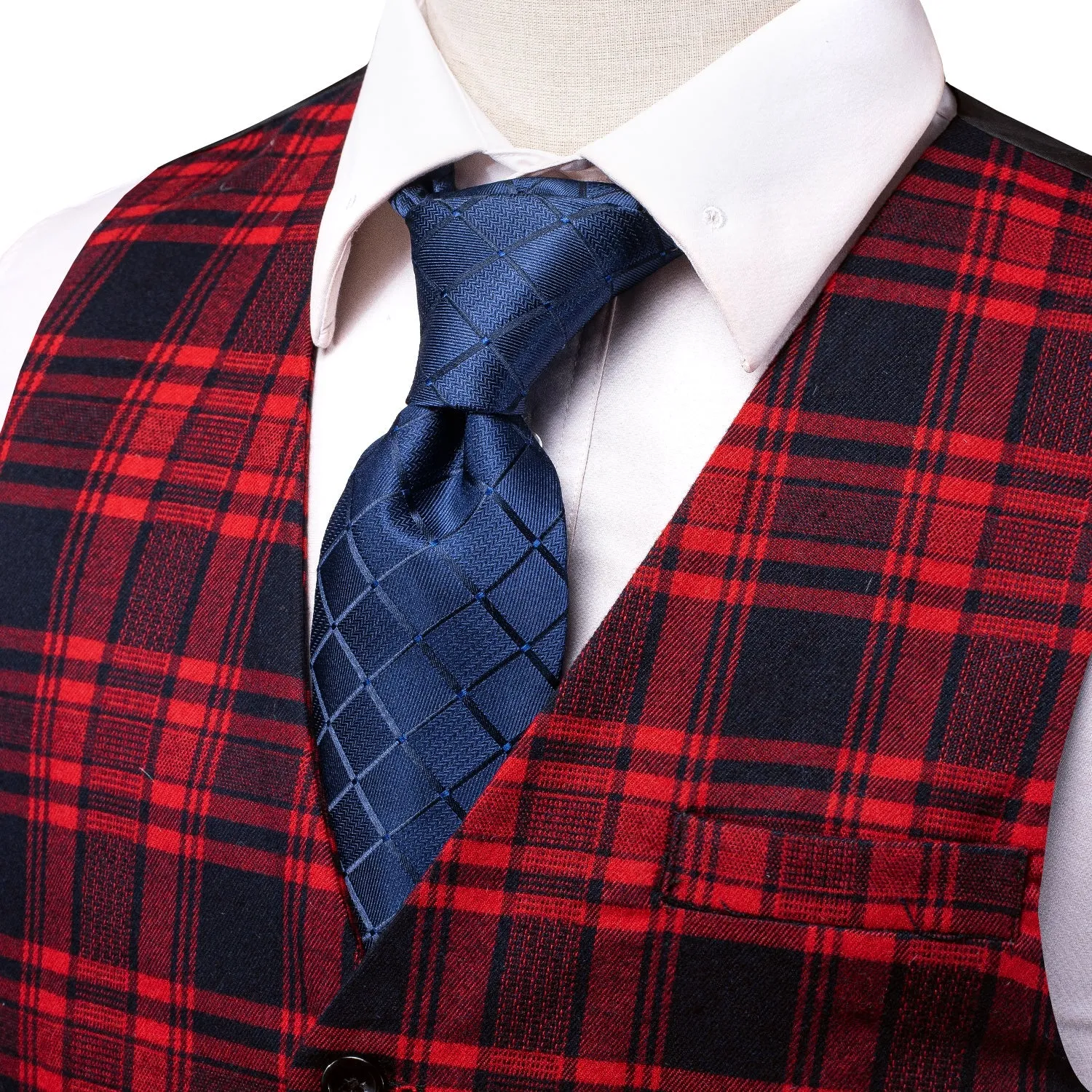 Black Red Plaid Wool Splicing Jacquard Men's Vest