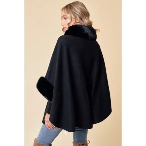 Black Solid Faux Fur Trimmed Soft Fuzzy Poncho Cape Coat Women's Fall Winter