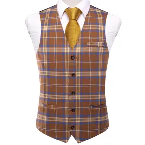 Blue Brown Plaid Wool Splicing Jacquard Men's Vest