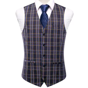 Blue Grey Plaid Wool Splicing Jacquard Men's Vest