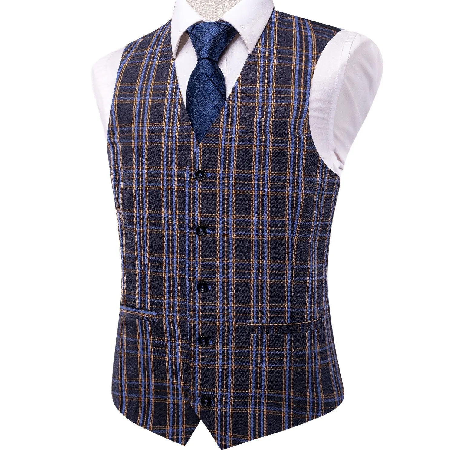 Blue Grey Plaid Wool Splicing Jacquard Men's Vest