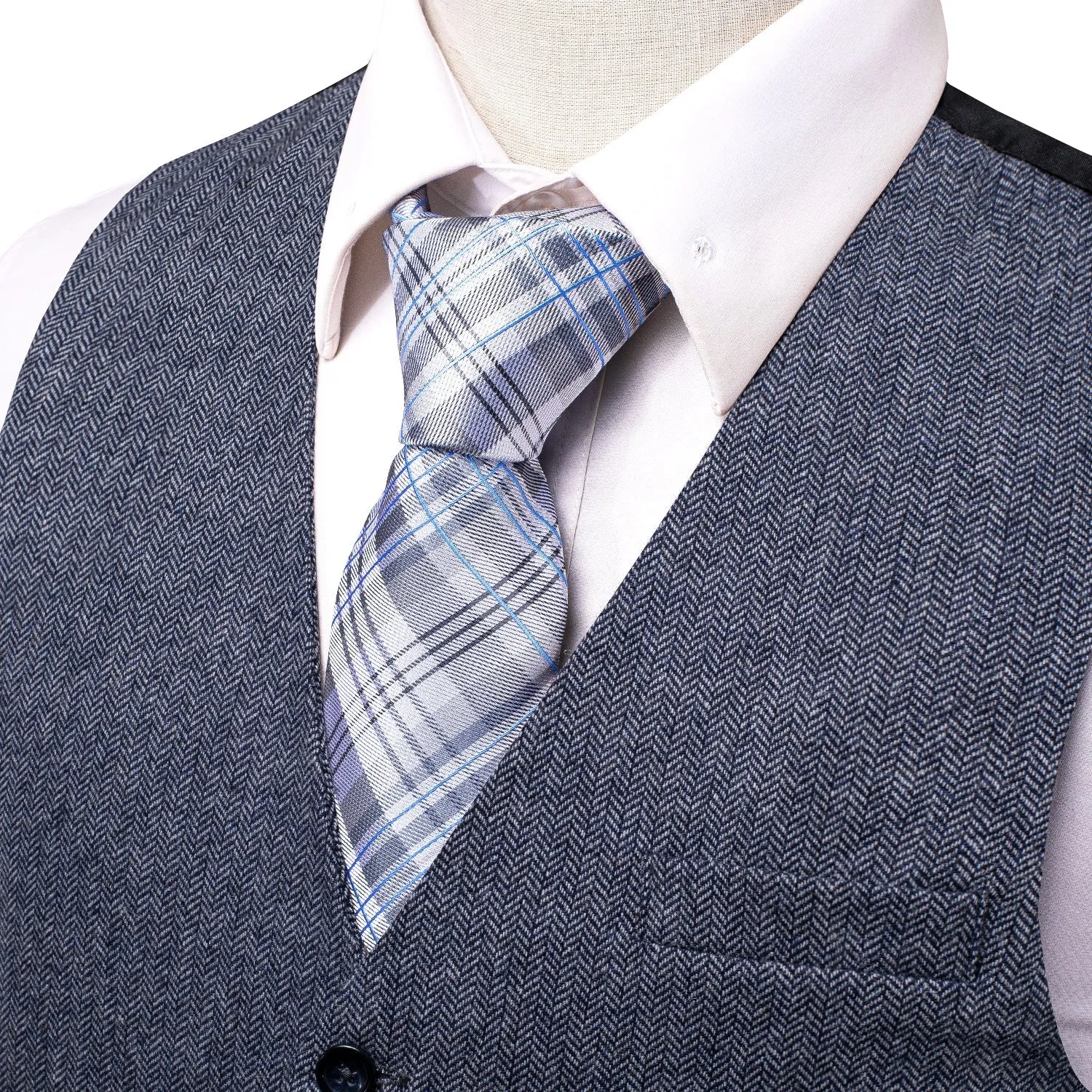 Blue Grey Solid Wool Splicing Jacquard Men's Vest