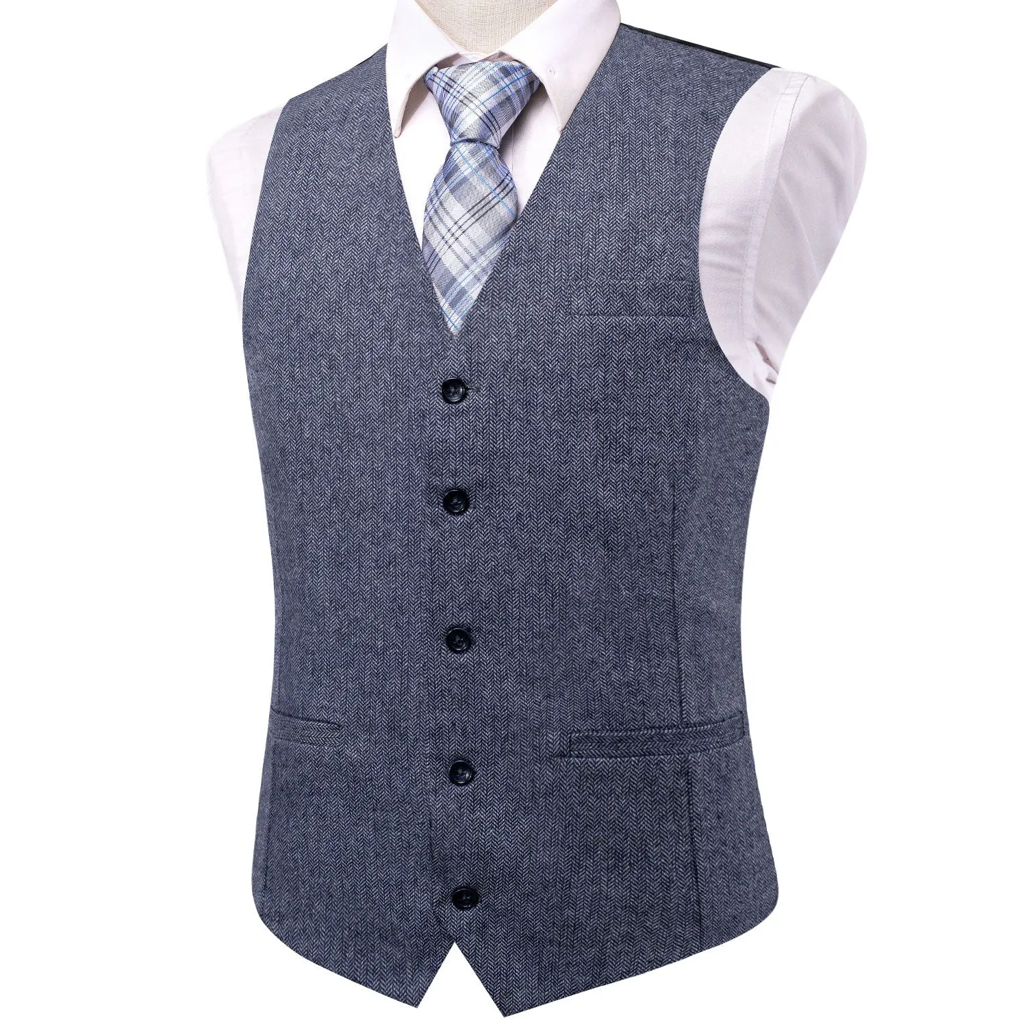 Blue Grey Solid Wool Splicing Jacquard Men's Vest