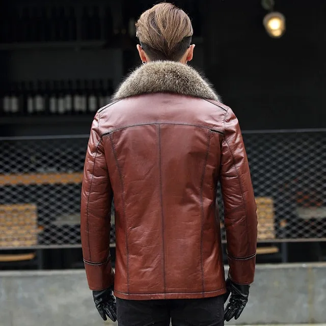 Burgundy Brown Genuine Leather Fox Fur Collar Coat