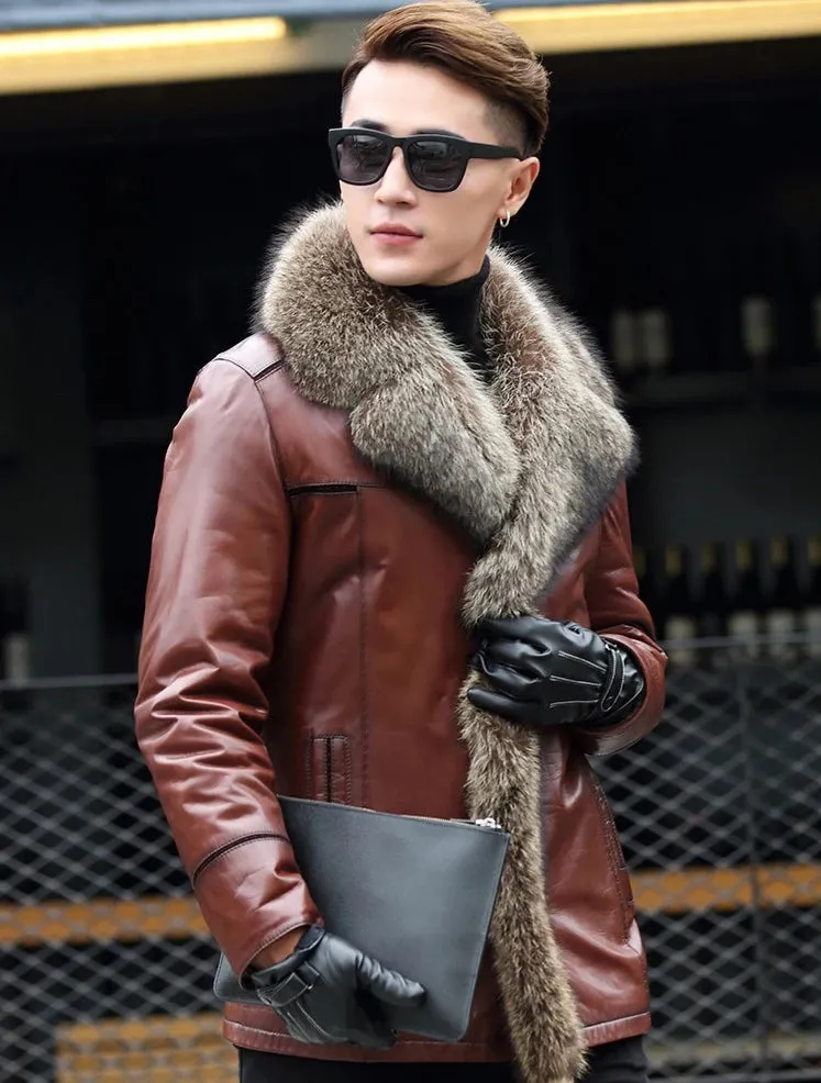 Burgundy Brown Genuine Leather Fox Fur Collar Coat