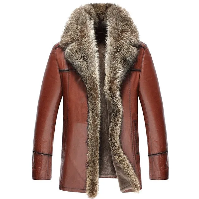 Burgundy Brown Genuine Leather Fox Fur Collar Coat