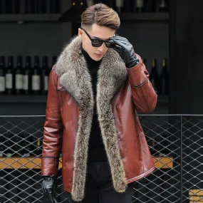 Burgundy Brown Genuine Leather Fox Fur Collar Coat