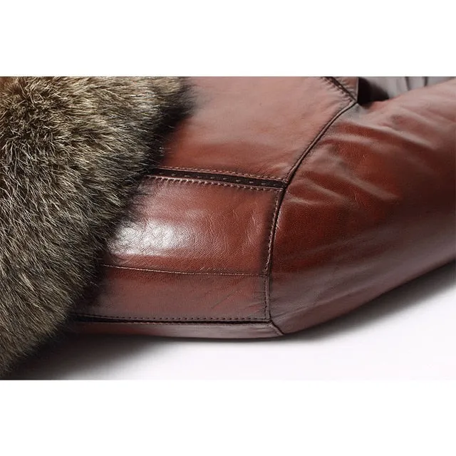 Burgundy Brown Genuine Leather Fox Fur Collar Coat