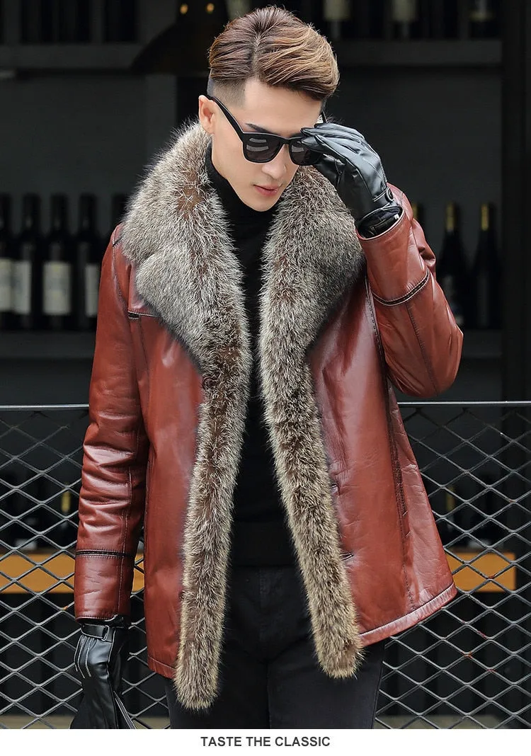 Burgundy Brown Genuine Leather Fox Fur Collar Coat