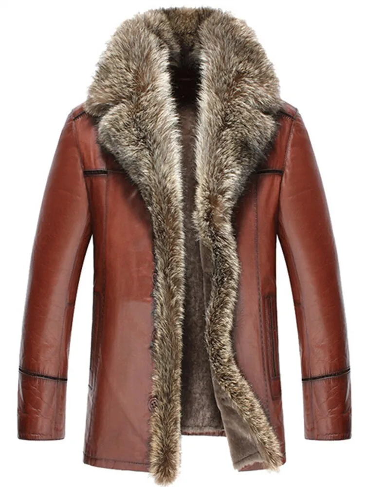 Burgundy Brown Genuine Leather Fox Fur Collar Coat