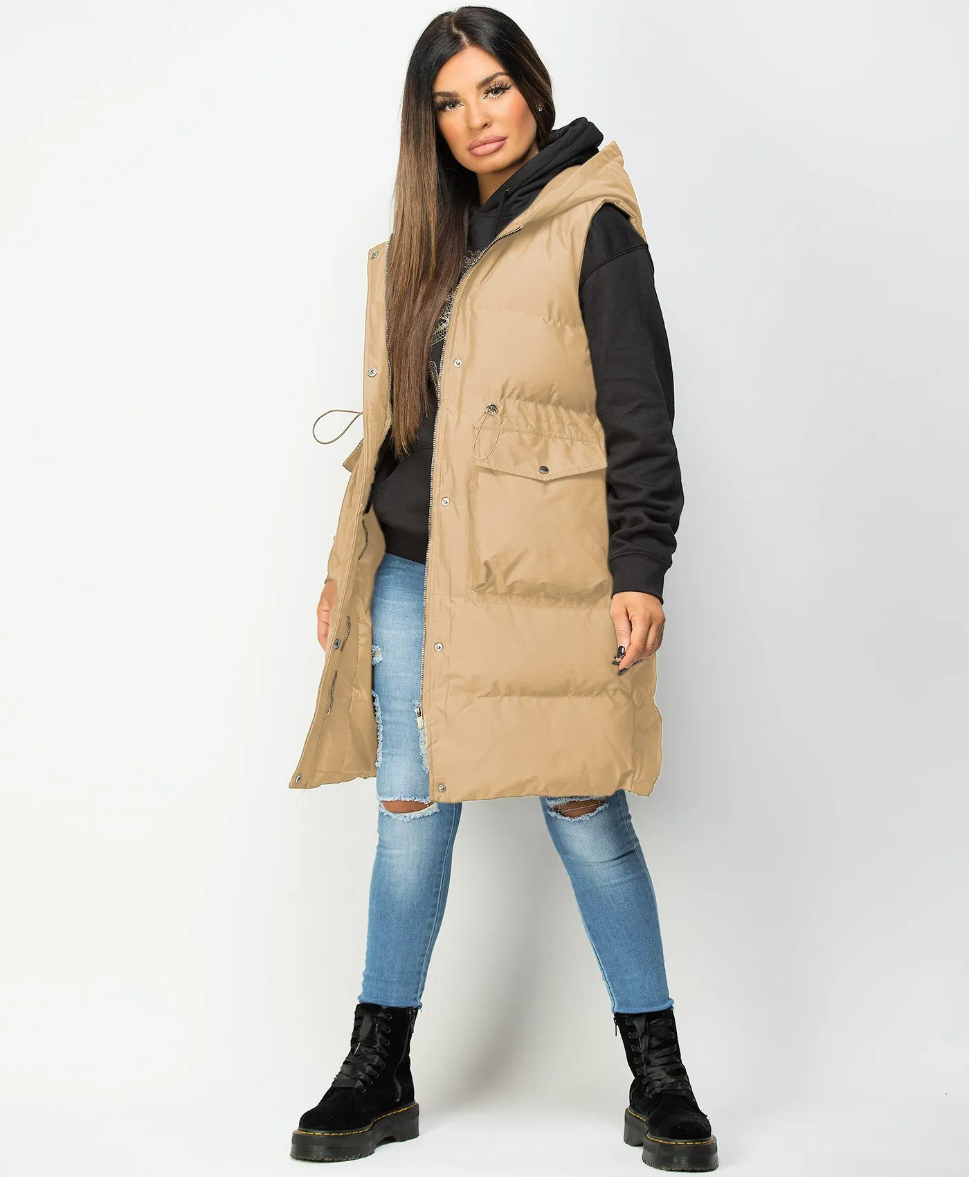 Camel Hooded Drawstring Waist Quilted Long Gilet Bodywarmer