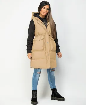 Camel Hooded Drawstring Waist Quilted Long Gilet Bodywarmer