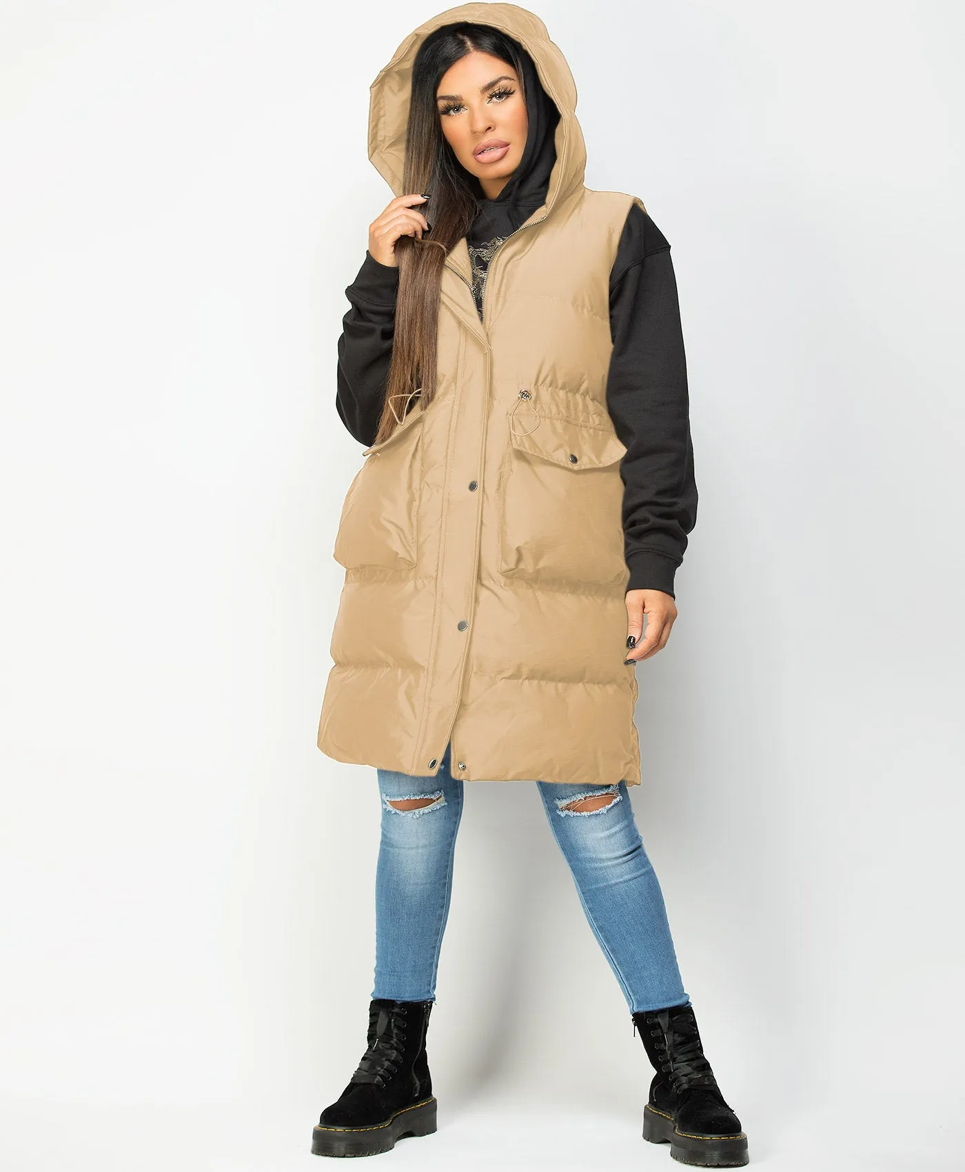 Camel Hooded Drawstring Waist Quilted Long Gilet Bodywarmer