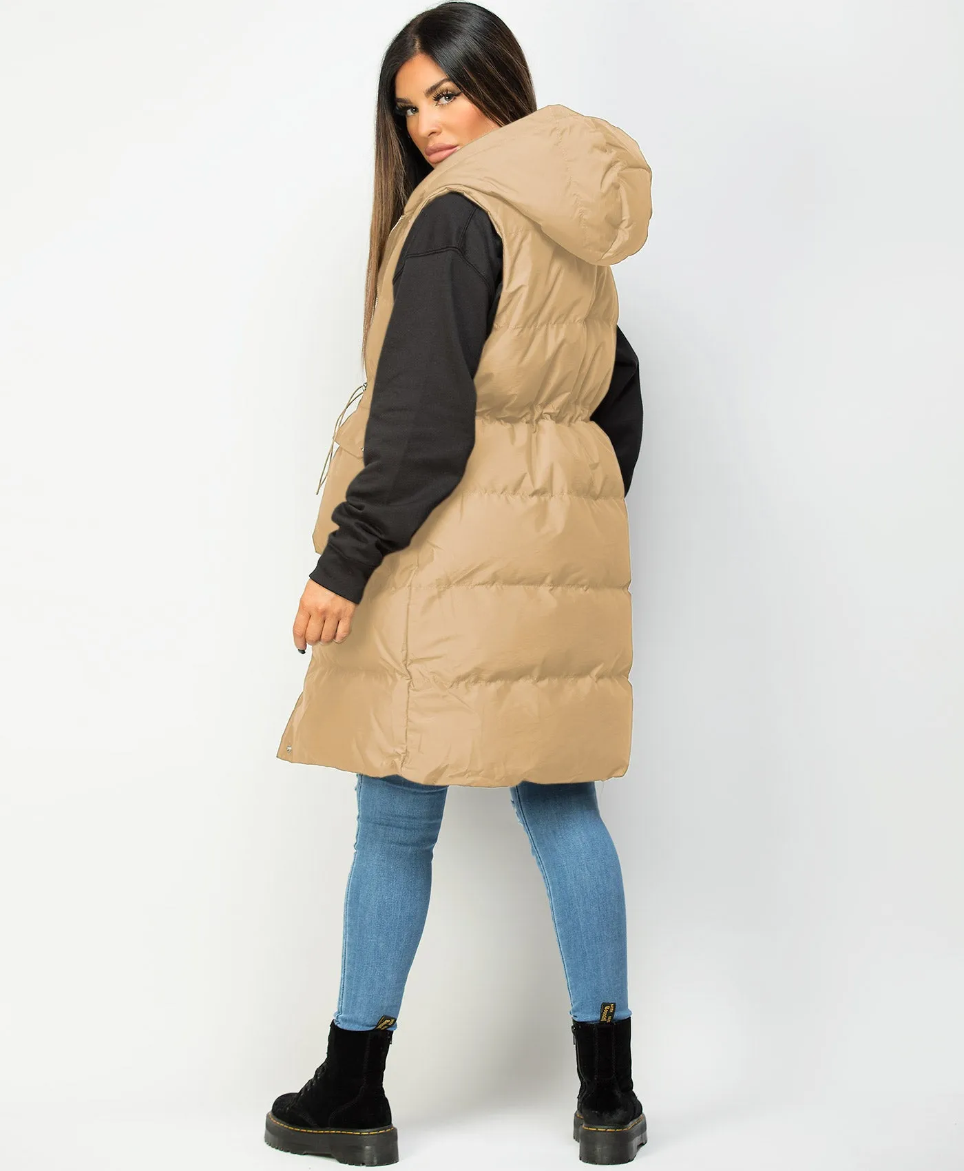 Camel Hooded Drawstring Waist Quilted Long Gilet Bodywarmer