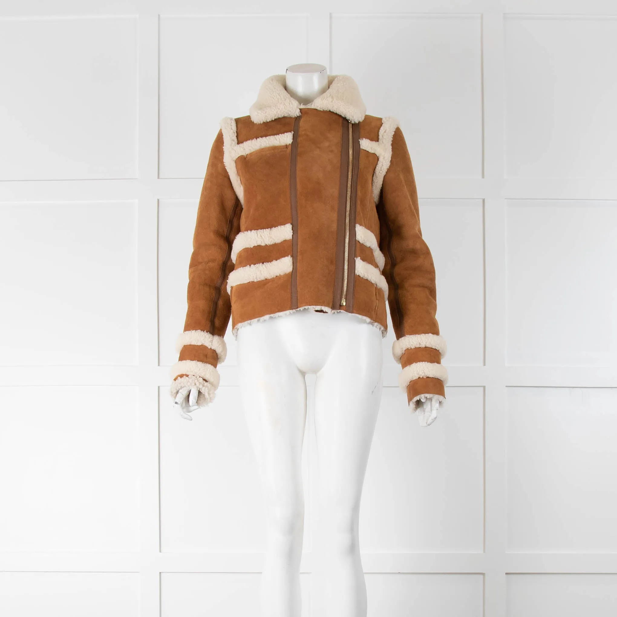 Carven Tan Shearling Exposed Seam Jacket