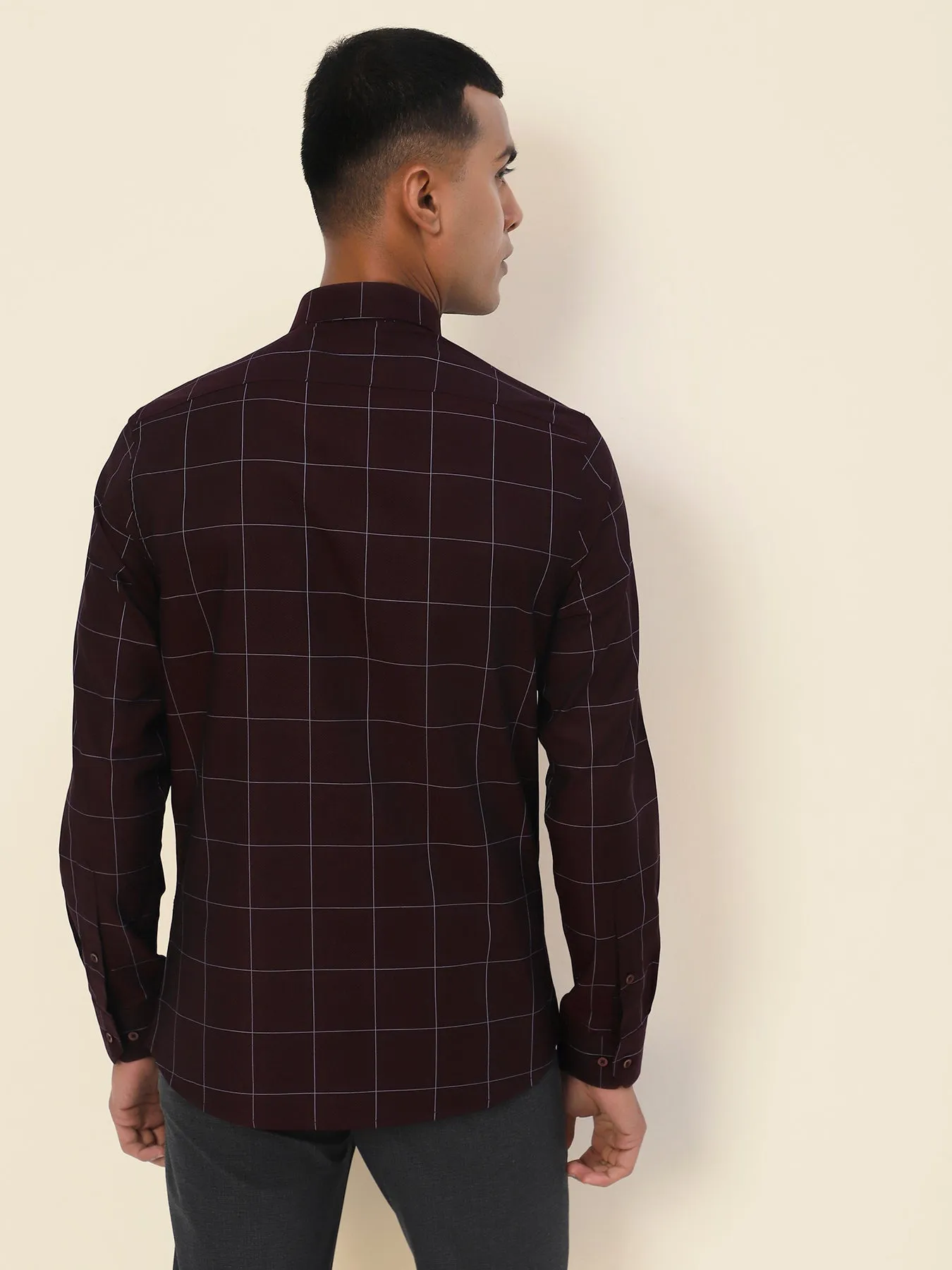 Cotton Maroon Checkered Full Sleeve Formal Shirt