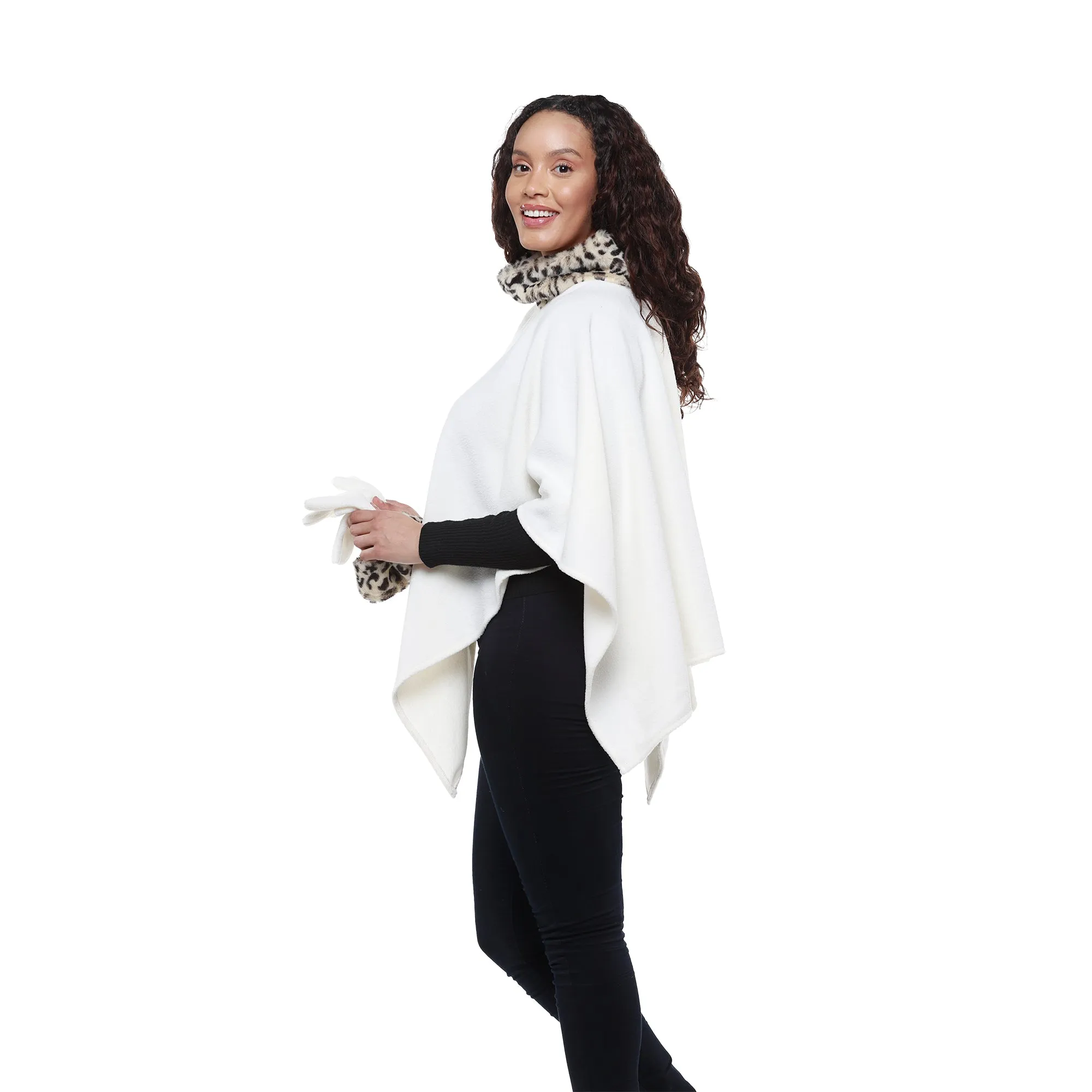 Donna Cozy Coat Fleece Poncho and Gloves Set with Faux Fur Trim