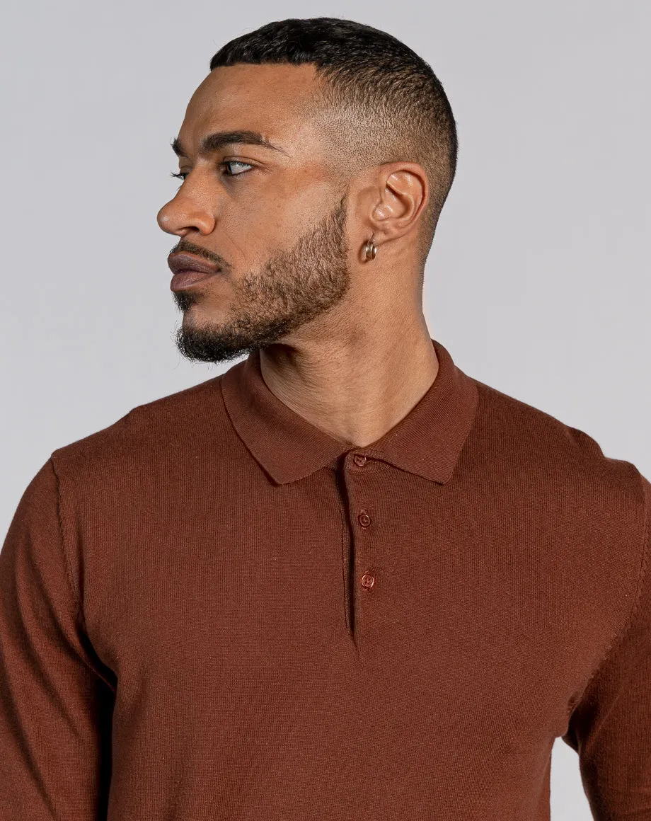 ESSENTIAL LONG SLEEVE KNITTED POLO TOP - DARK BROWN