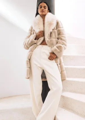 Faux Fur Coat with Oversized Lapel - Beige