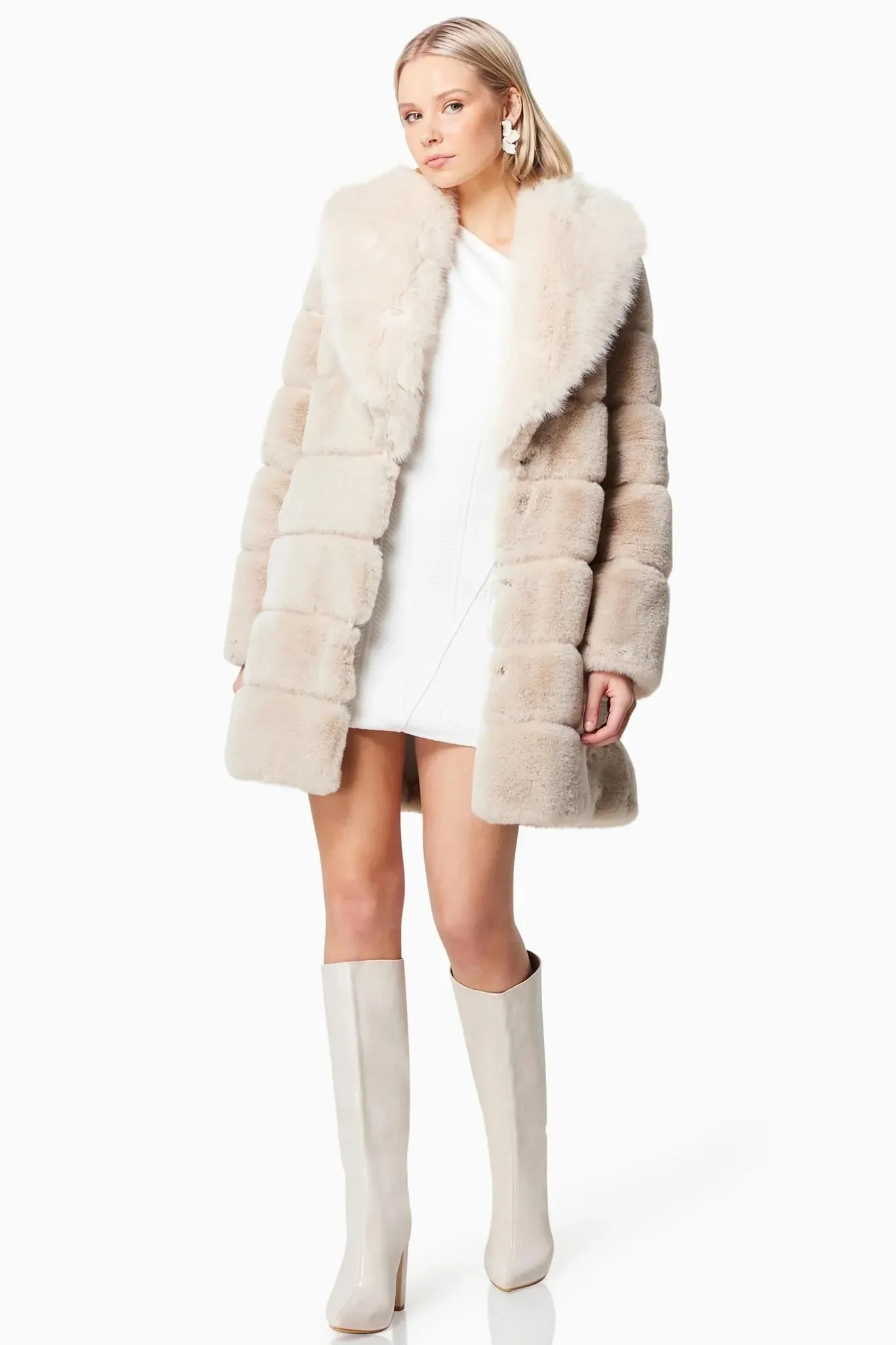 Faux Fur Coat with Oversized Lapel - Beige