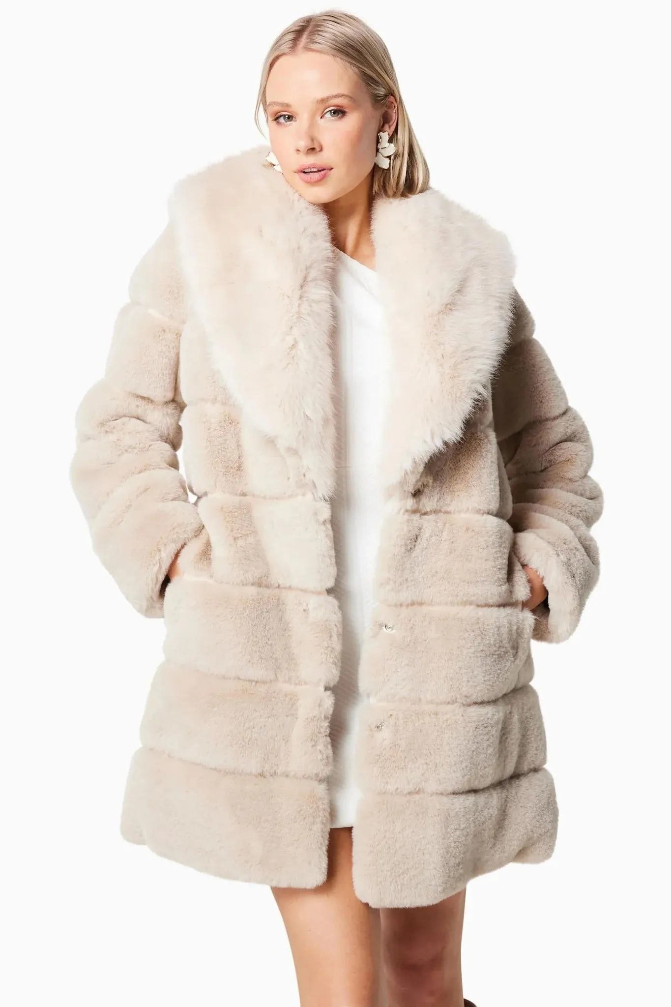 Faux Fur Coat with Oversized Lapel - Beige