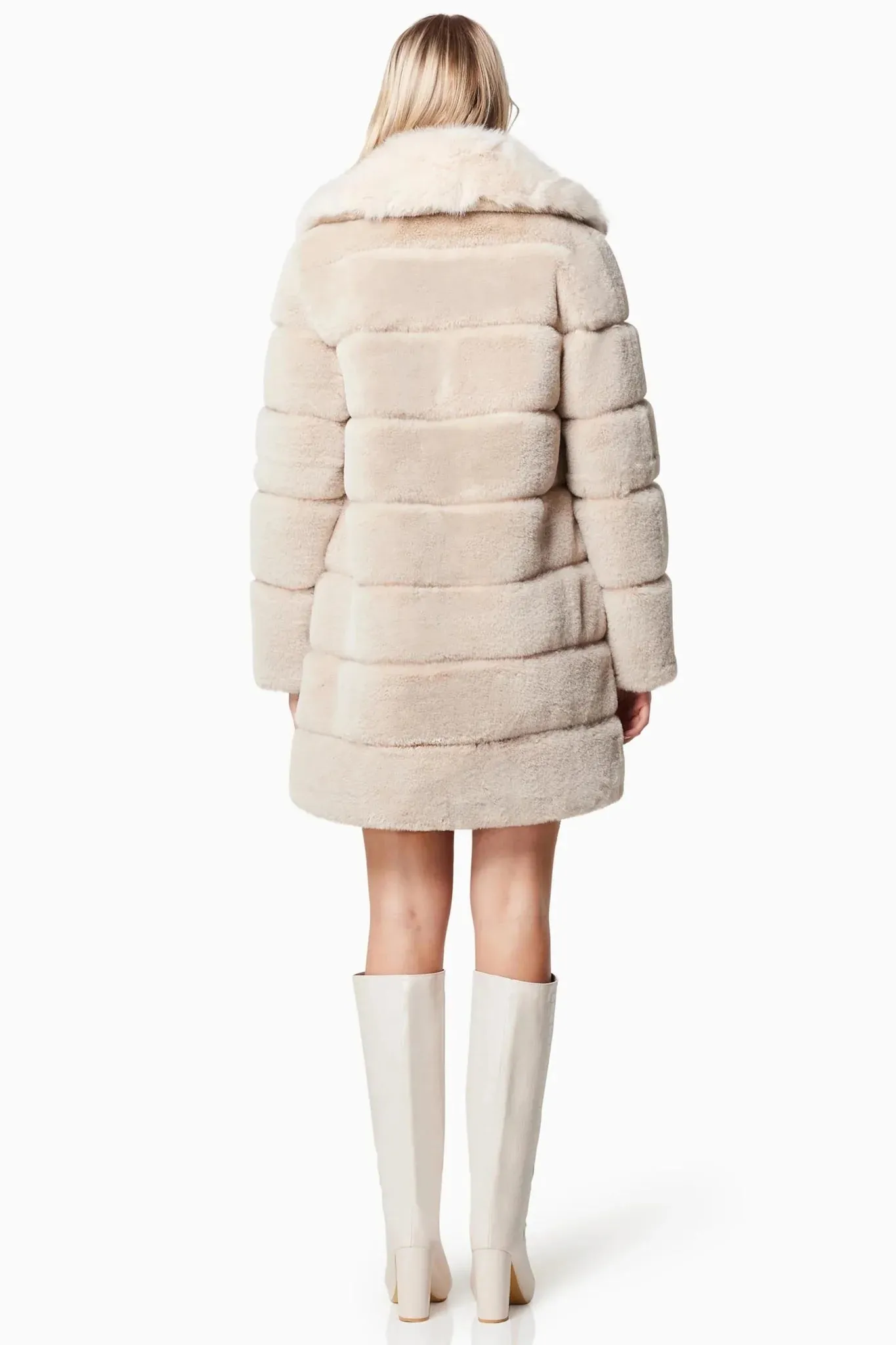 Faux Fur Coat with Oversized Lapel - Beige