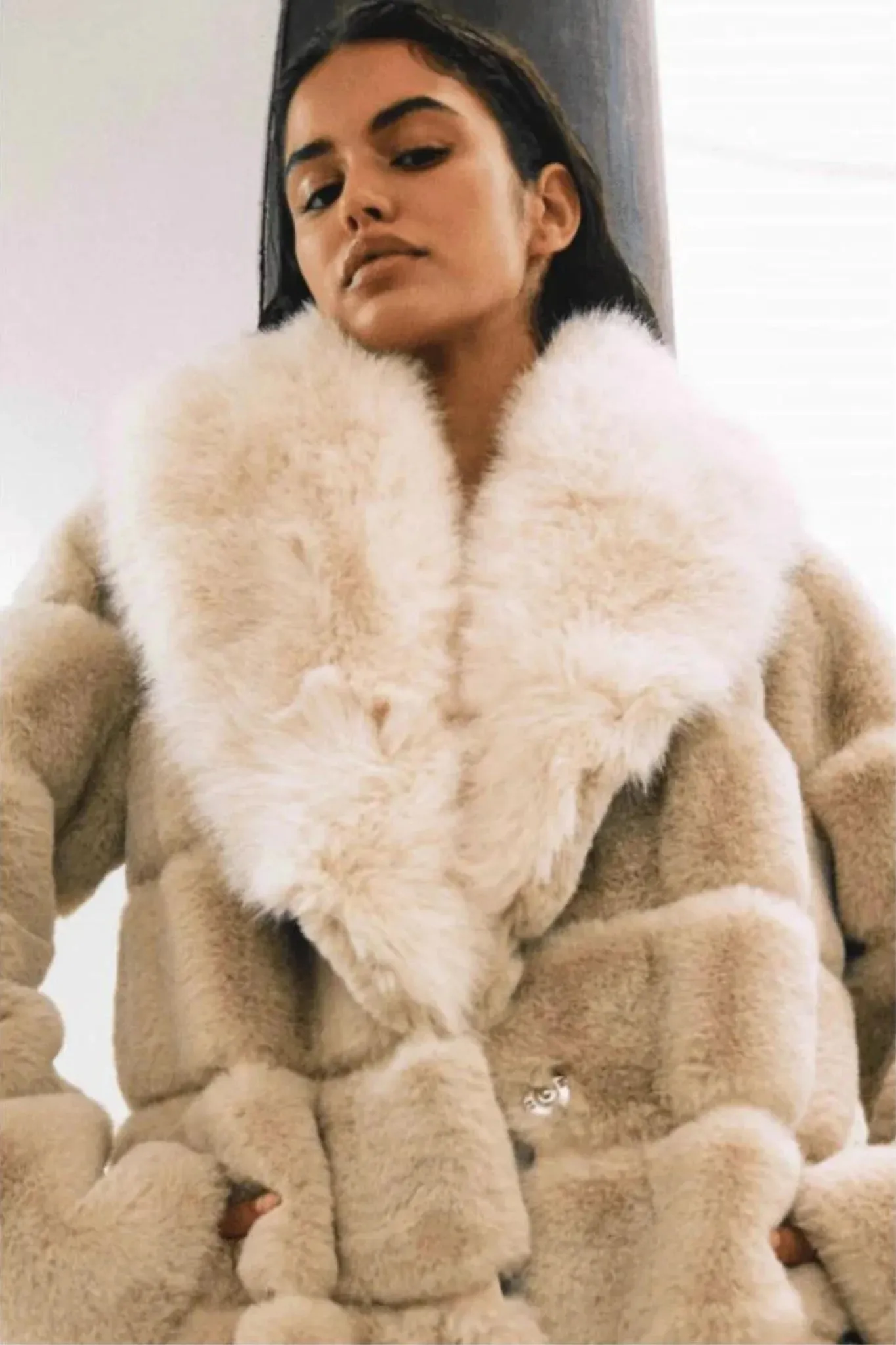 Faux Fur Coat with Oversized Lapel - Beige