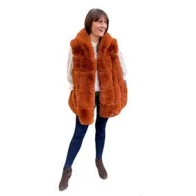 Faux Fur Long Hooded Gilet Burnt Orange