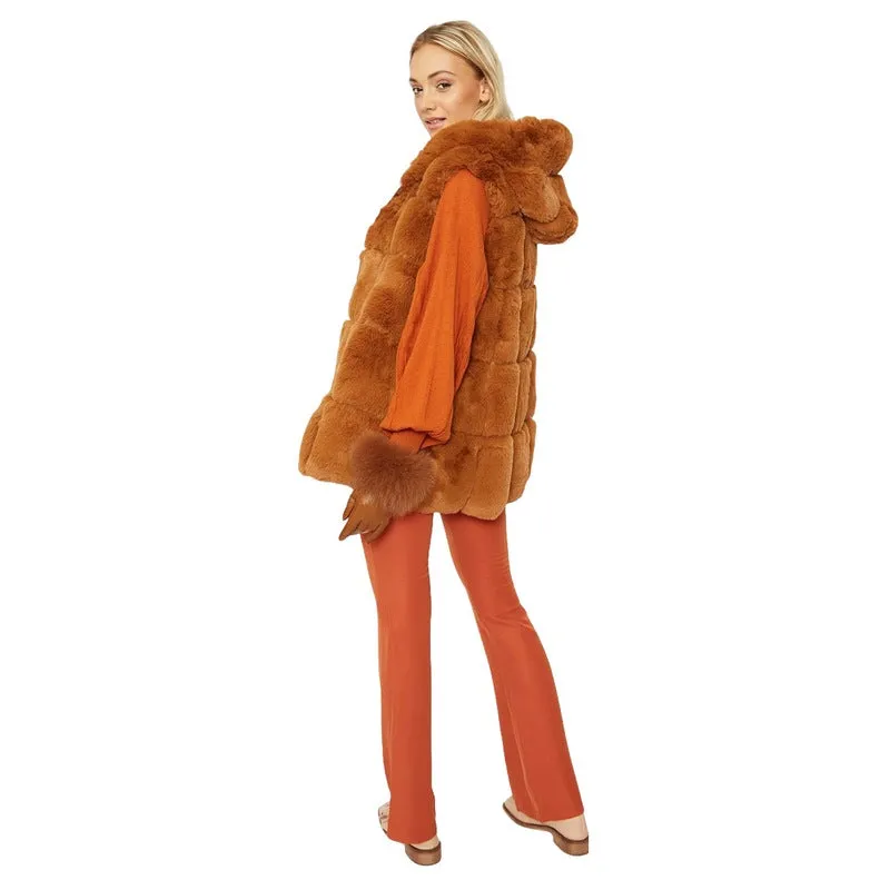 Faux Fur Long Hooded Gilet Burnt Orange