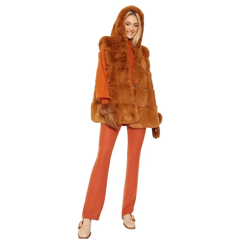 Faux Fur Long Hooded Gilet Burnt Orange