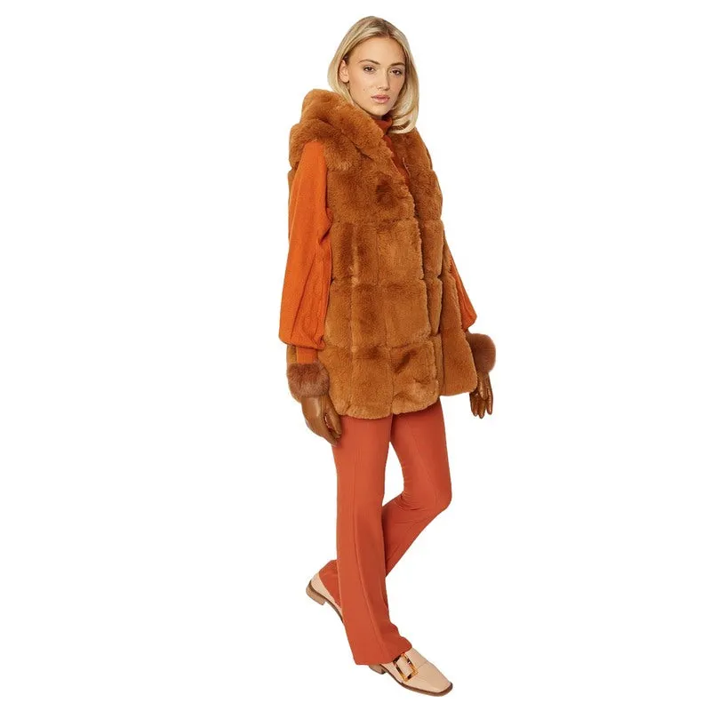 Faux Fur Long Hooded Gilet Burnt Orange