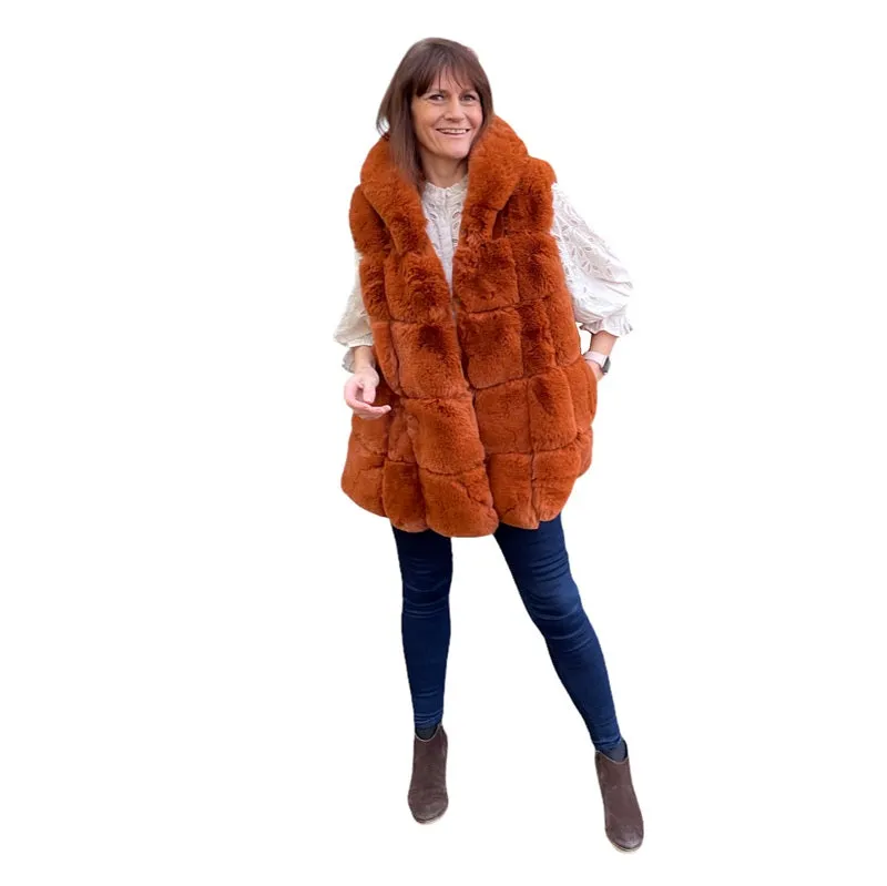 Faux Fur Long Hooded Gilet Burnt Orange