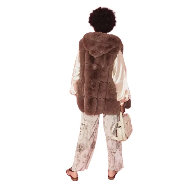 Faux Fur Long Hooded Gilet Chocolate Mocha