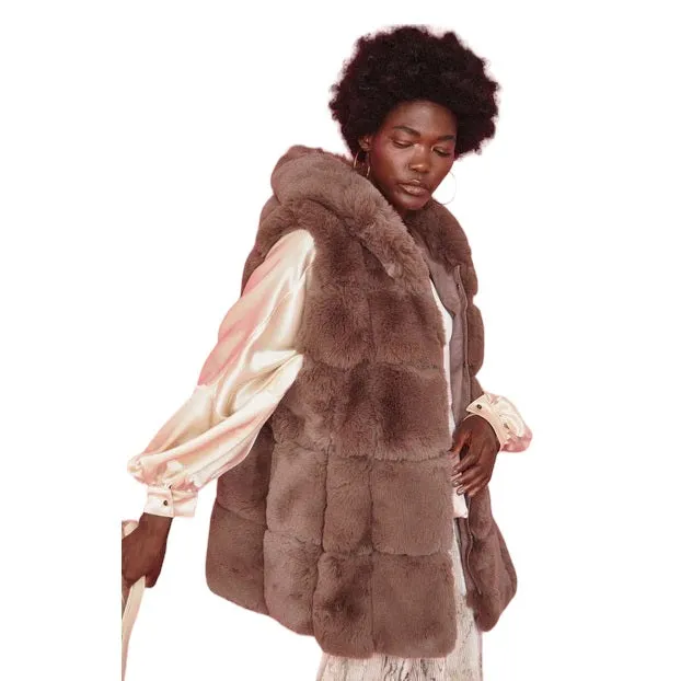 Faux Fur Long Hooded Gilet Chocolate Mocha