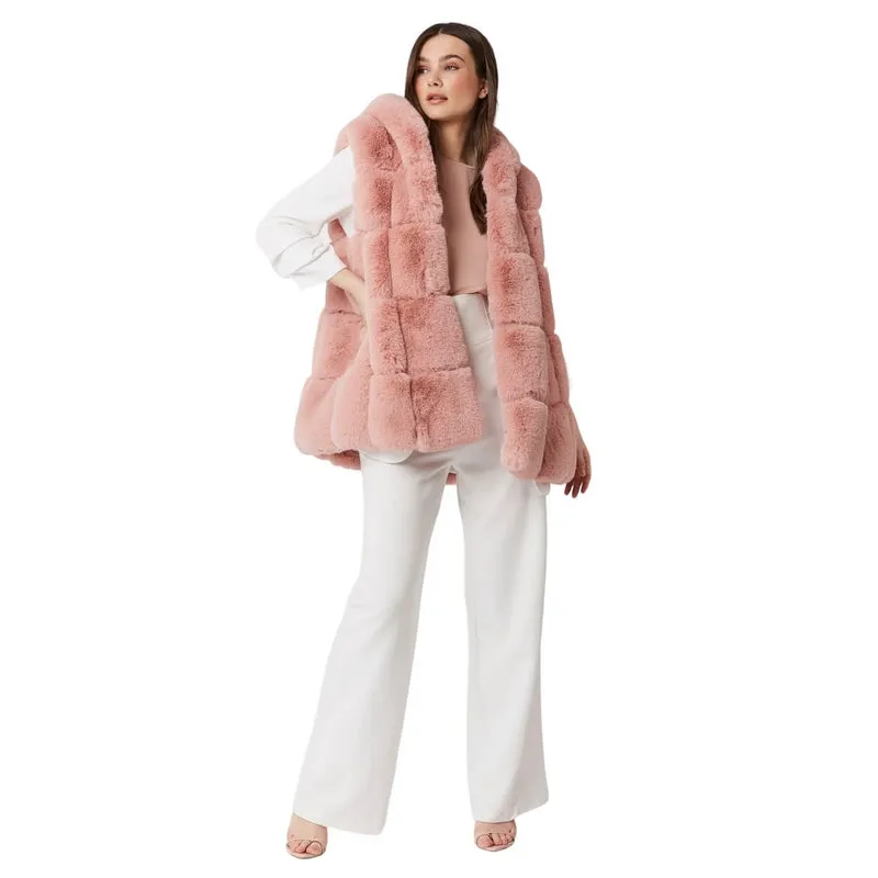 Faux Fur Long Hooded Gilet Pink