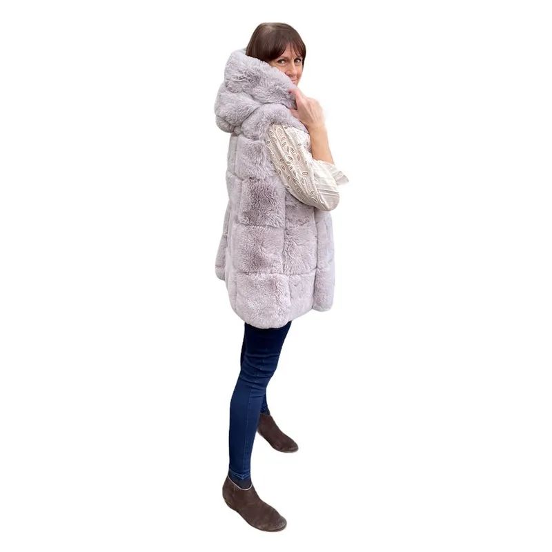 Faux Fur Long Hooded Gilet Powder Grey